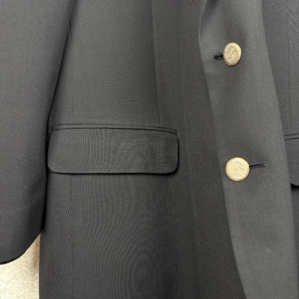 Vintage Burberrys Super 100s Wool‎ Black Blazer Gold Crest Buttons Men's XL